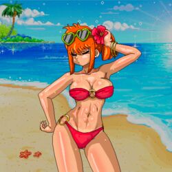 1girls allfenom animated beach bikini cameltoe female female_only freckles o-ring o-ring_bikini orange_hair pixel_art solo sweat tanline