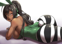 breasts bunny_ears bunny_girl bunny_tail bunnysuit cyron_tanryoku dark-skinned_female female female_focus female_only glasses green_glasses original original_character packge ponytail showing_ass smile