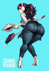 apron artist_signature ass beriru beryl_(junkpuyo) big_ass big_breasts blue_background brown_hair brush clothed curvy grey_eyes haircut headwear high_heels huge_ass jeans junkpuyo looking_at_viewer original_character ponytail purple_eyes purple_hair thick thick_thighs tight_jeans tight_pants wide_hips