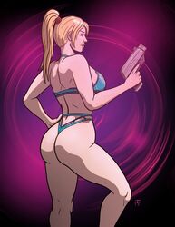 1girls ass big_ass bikini blonde_hair blue_eyes bubble_butt dat_ass female female_only fit gun large_breasts metroid muscular_legs nintendo ponytail samus_aran solo taynor_hook thick_thighs thong voluptuous