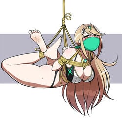 alternate_costume angry arms_behind_back ass bondage bound feet femsub gag gagged hanging_breasts jam-orbital long_hair mythra nintendo rope rope_bondage suspension tied_up toes xenoblade_(series) xenoblade_chronicles_2