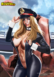 1girls abs areola areolae artist_name big_breasts blonde_female blonde_hair blue_eyes bodysuit breasts camie_utsushimi cap cleavage clothing color colored colored_nails curvy detailed_background erect_nipples exposed_breasts exposed_nipples female female_only female_pubic_hair hair hat hero_outfit_(mha) huge_breasts killbiro light-skinned_female light_skin lipstick long_hair looking_at_viewer makeup muscular_female my_hero_academia nail_polish navel nipple_bulge nipples no_bra no_panties nudity open_clothes painted_nails pink_lips pink_lipstick pubic_hair pussy realistic red_nails shiketsu_high_school_cap smiling solo teeth tight_clothing uncensored unzipped unzipped_bodysuit watermark wrist_cuffs