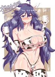 1girls abs alternate_breast_size alternate_outfit ass belly big_breasts bottle breasts brown_background choker cleavage clothed clothes cow_girl cow_print eye_contact eyepatch_bikini fake_horns female female_only half-closed_eyes heavy_breathing hex_maniac holding huge_breasts human large_breasts long_hair looking_at_viewer midriff milk navel nintendo panties pokemon pokemon_xy pose purple_eyes purple_hair rururu82010664 solo standing sweat tears text thick_thighs thighhighs underboob wet white_border white_panties white_thighhighs wide_hips