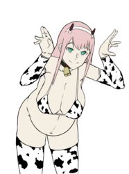 big_belly cow_print cowbell darling_in_the_franxx female green_eyes huge_breasts pink_hair pregnant ready_to_pop smiling smiling_at_viewer todding zero_two_(darling_in_the_franxx)