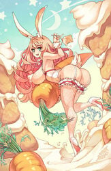 1girls :d animal_ears artist_name big_ass big_breasts blue_eyes breasts bunny_ears bunny_girl cake carrot carrot_cake character_request covered_nipples female female_only fishnet_stockings garter_straps high_heels junkpuyo leggings long_hair looking_at_viewer pink_hair tail whipped_cream