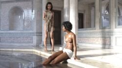 2girls 3d barefoot bathhouse borg137 breasts dark-skinned_female dark_skin female femsub multiple_females nipples nude slave slave_tunic slavegirl