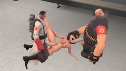 3d disney elastigirl heavy_weapons_guy helen_parr medic_(team_fortress_2) mistawulf nipples pixar smooth_skin superheroine team_fortress_2 the_incredibles threesome