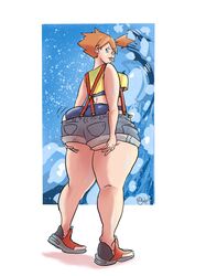 1girls alternate_ass_size alternate_breast_size alternate_outfit ass ass_cleavage big_ass blue_background blue_eyes bottom_heavy bouncing_ass breasts bubble_butt butt_crack clothed clothing dated eye_contact female female_only game_freak huge_ass human kasumi_(pokemon) large_ass looking_at_viewer motion_lines nintendo orange_hair pokemon pokemon_rgby pose rchammer shadow shirt shoes short_hair shorts side_ponytail solo source_request suspenders swimsuit tank_top text thick_thighs thigh_gap tongue tongue_out watermark white_border wide_hips