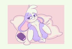 anthro bebeeloof breasts controller ears_down female fur game_controller genitals hi_res hunibun hunicast lagomorph leporid long_ears mammal multicolored_body multicolored_fur narrowed_eyes nipples pillow pivoted_ears pussy rabbit simple_background solo tired_eyes video_games