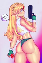 alternate_costume back_view breath_of_the_wild dat_ass demigoddess female florescentcolo2 french_braid gun guns handgun hylian princess_zelda ruby_(gem) solo super_smash_bros. tattoos the_legend_of_zelda thong zelda_(breath_of_the_wild)