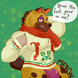 1:1 1boy 5_fingers animal_crossing anthro blush brown_body brown_fur bulge canid canine claws clothed clothing english_text fingers fur genitals half-closed_eyes hand_behind_head kyle_(animal_crossing) looking_back male male_only mammal merong narrowed_eyes nintendo open_mouth pattern_background penis penis_base purple_clothing purple_underwear scarf simple_background solo solo_male speech_bubble sweater teeth text topwear underwear video_games