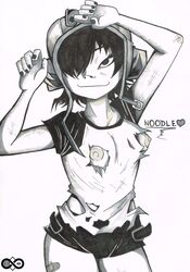 breasts female female_only gorillaz harrisartz helmet legs monochrome nipples noodle_(gorillaz) shirt solo solo_female tagme torn_clothes torn_shirt