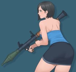 ass black_hair blue_eyes bob_cut capcom jill_valentine jill_valentine_(julia_voth) resident_evil resident_evil_3 rocket_launcher rpg rpg-7 skirt tubetop