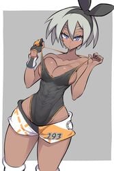 1girls abs alternate_breast_size armpits bare_shoulders bea_(pokemon) big_breasts blue_eyes blush bodysuit bursting_breasts cleavage dark-skinned_female dark_skin eye_contact eyelashes female female_only fit grey_background grey_hair hairband holding human legs leotard looking_at_viewer muscular muscular_female nac000 nintendo nipples nipples_visible_through_clothing pokemon pokemon_ss pose short_hair shorts sideboob source_request standing text thick_thighs thigh_gap thin_waist white_border wide_hips