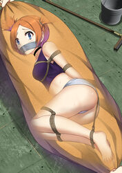 1girls alternate_outfit ambiguous_gender armpits arms_tied artist_request ass bag barefoot blue_eyes blue_hair bondage bound breasts choker eye_contact eyes_open feet female gag genius_sonority holding legs legs_tied legs_together looking_at_viewer mirei_(pokemon) nintendo orange_hair panties pokemon pokemon_colosseum pov rope rope_bondage rui_(pokemon) see-through shirt small_breasts solo sweat tape tape_gag thighs toes twintails wide_hips x-ray