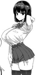 1girls armpits asanagi bangs dark_hair huge_breasts looking_at_viewer monochrome school_uniform schoolgirl short_hair short_skirt side-tie_panties thick_thighs thighhighs