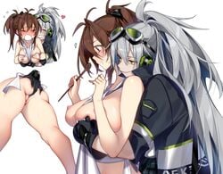 /\/\/\ 2girls aek-999_(girls'_frontline) apron ass black_gloves blush breasts brown_eyes brown_hair clenched_teeth deathalice fingering girls'_frontline gloves goggles goggles_on_head headphones holding holding_spoon hug hug_from_behind large_breasts long_hair multiple_girls naked_apron nipples ponytail pussy short_hair silver_hair simple_background smile spoon tears teeth thighs uncensored upper_body white_background yellow_eyes yuri