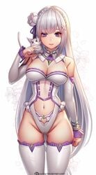 1girls bodysuit breasts cameltoe emilia_(re:zero) female female_only fully_clothed jurrig navel re:zero_kara_hajimeru_isekai_seikatsu revealing_clothes stockings tagme thighhighs