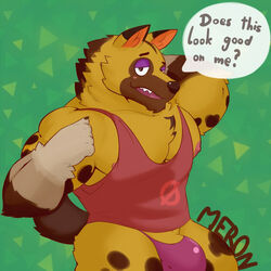 1:1 1boy 5_fingers animal_crossing anthro blush brown_body brown_fur bulge canid canine claws clothed clothing english_text fingers fur genitals half-closed_eyes hand_behind_head kyle_(animal_crossing) looking_at_viewer male male_only mammal merong narrowed_eyes nintendo nipples open_mouth pattern_background pecs penis penis_base pink_nipples purple_clothing purple_underwear red_clothing red_shirt red_topwear shirt simple_background solo solo_male speech_bubble tank_top teeth text topwear underwear video_games