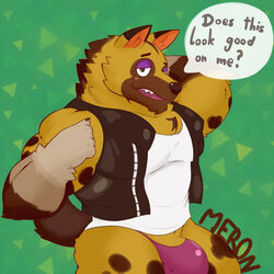 1:1 1boy 5_fingers animal_crossing anthro blush brown_body brown_fur bulge canid canine claws clothed clothing english_text fingers fur genitals half-closed_eyes hand_behind_head jacket kyle_(animal_crossing) looking_at_viewer male male_only mammal merong narrowed_eyes nintendo open_mouth pattern_background penis penis_base purple_clothing purple_underwear shirt simple_background solo solo_male speech_bubble teeth text topwear underwear video_games white_clothing white_shirt white_topwear