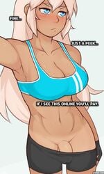 1futa abs athletic blush bulge caption cody_(dross) dross edit embarrassed fit fit_futanari flashing_penis futa_only futanari intersex line original penis_under_clothes selfie short_shorts solo solo_futa sports_bra tan tan_lines tanline