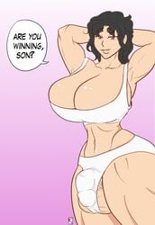 1futa abs are_ya_winning_son arms_behind_head artist_logo big_breasts big_penis black_hair bra breasts_bigger_than_head bulge cleavage color dickgirl english_text futa_only futanari grey_eyes kurgandraws light-skinned_futanari looking_at_viewer mature_futa milf mother muscular muscular_futanari muscular_thighs panties panty_bulge smiling smiling_at_viewer solo talking_to_viewer text tiny_waist toned_futa white_bra white_panties