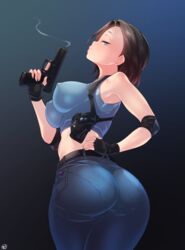 1girls alternate_breast_size armpits ass bangs bare_shoulders belt blue_eyes bob_cut born-to-die breasts capcom erect_nipples female fingerless_gloves firearm from_behind gloves gun handgun harness holster jeans jill_valentine jill_valentine_(sasha_zotova) large_breasts looking_at_viewer pants pantylines resident_evil resident_evil_3 resident_evil_3_remake short_hair skin_tight smoke solo text thick_ass thick_thighs tight_clothing tight_jeans tight_pants tight_shirt watermark weapon wide_hips