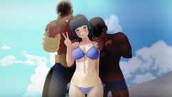 1girls 2boys 3d bikini dark-skinned_male dark_skin female hyuuga_hinata interracial large_breasts looking_at_viewer male naruto raikage v xixipapa