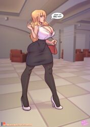 2020 big_breasts blonde_hair breasts cleavage female female_only high_heels hips long_hair low_cut_top middle_finger notzackforwork original_character purse short_skirt solo solo_female stockings thick_thighs tight_clothing tight_top tight_topwear