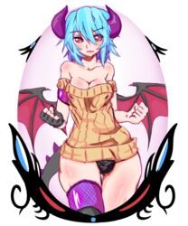 1futa aerin_quinneth ball_bulge balls balls_in_panties balls_under_clothes bat_wings black_sclera blue_hair boarder border breasts bulge cleavage clothed clothing dragon_tail flaccid futa_only futa_sans_pussy futanari horn horns medium_breasts pale_skin panties panty_bulge penis penis_bulge penis_in_panties penis_under_clothes red_eyes simple_background skindentation solo solo_futa standing succubus sweater tagme thigh_gap transparent_background wide_hips wings yellow_sweater zolius