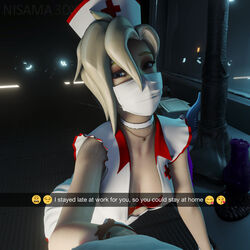 1boy 1girls 3d alternate_costume bad_dragon blender blizzard_entertainment blonde_hair blue_eyes clothed_female_nude_male dialogue dildo dr._ziegler eye_contact eyeshadow face_mask female half-closed_eyes horsecock_dildo light_skin looking_at_viewer male_pov mask mercy nisama3dx nisamasfm nurse nurse_hat nurse_uniform overwatch pov slim snapchat straight talking_to_viewer text tied_hair