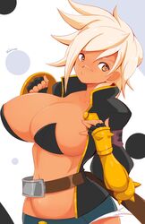 big_breasts blazblue blazblue:_chrono_phantasma bullet_(blazblue) dark-skinned_female female female_only jellcaps light_brown_hair solo solo_female solo_focus yellow_eyes