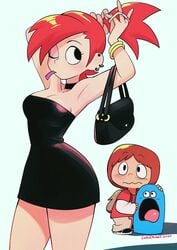 2020 black_dress black_eyes bloo blush cartoon_network clothed colo dress female foster's_home_for_imaginary_friends frankie_foster one_eye_closed pierced_ear piercing ponytail red_hair solo_focus tight_clothing