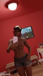 1girls 3d abs beach_bomber big_breasts brite_bomber brown_eyes cap choker dark-skinned_female duckface epic_games eyelashes female female_only fortnite ghoulishxxx hat hotpants human iphone mirror mirror_selfie petite phone pink_eyeshadow pink_hair ponytail presenting_breasts red_hair selfie smartphone solo tagme topless