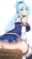 aqua_(konosuba) aqua_hair blue_eyes boots dat_ass dress female hair_ornament huge_ass jakko kono_subarashii_sekai_ni_shukufuku_wo! long_hair looking_down on_table sitting skirt thigh_boots thighhigh_boots