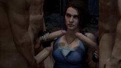 1girls 3boys 3d 3d_(artwork) artemis-sfm breasts brown_hair capcom clothed_female_nude_male faceless_male foreskin foursome gangbang gloves handjob jill_valentine jill_valentine_(sasha_zotova) larger_male necklace on_knees penis penis_grab resident_evil resident_evil_3 resident_evil_3_remake shirt short_hair size_difference smaller_female source_filmmaker straight testicles uncut