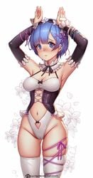 arms_up blue_hair blush breasts cameltoe jurrig navel re:zero_kara_hajimeru_isekai_seikatsu rem_(re:zero) tagme thighhighs