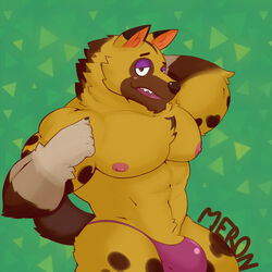 1:1 1boy 5_fingers animal_crossing anthro blush brown_body brown_fur bulge canid canine chest_tuft claws clothed clothing fingers fur genitals half-closed_eyes hand_behind_head kyle_(animal_crossing) looking_at_viewer male male_only mammal merong muscular muscular_male narrowed_eyes nintendo nipples open_mouth pattern_background pecs penis penis_base pink_nipples purple_clothing purple_underwear simple_background solo solo_male teeth topless tuft underwear video_games