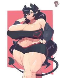 1girls abs big_ass big_breasts cassandra_sakyubasu demon_girl demon_horns demon_tail huge_ass huge_breasts muscles muscular_female muscular_thighs naughty_face peculiart red_eyes seductive seductive_smile smile solo_female succubus tagme thick_thighs