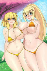 2020 2girls :3 bangs bare_shoulders big_breasts bikini blonde_hair blue_eyes blush breast_press breasts bush cleavage clothing collarbone commission crossover curvy darkness_(konosuba) duo embarrassed eyebrows_visible_through_hair eyelashes eyes_visible_through_hair female female_focus female_only grass green_eyes hair_between_eyes hair_ornament hand_on_breast heterochromia hips huge_breasts human kono_subarashii_sekai_ni_shukufuku_wo! large_breasts lindaroze long_hair looking_at_viewer medium_hair micro_bikini naughty_face navel nervous_smile open_mouth outdoors outside patreon peace_sign ponytail revealing_clothes ryouna_(senran_kagura) senran_kagura sideboob signature skimpy smile swimsuit thick_thighs thigh_gap thighs tied_hair trait_connection tree underboob url voluptuous