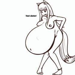 1girls animated big_belly big_breasts holo huge_belly kemonomimi large_breasts metalforever nipples nude ready_to_pop spice_and_wolf vore wolf_ears wolf_tail