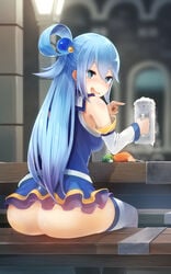 amekosame aqua_(konosuba) aqua_hair ass beer bottomless dat_ass drunk female goddess indoor kono_subarashii_sekai_ni_shukufuku_wo! long_hair looking_at_viewer looking_back on_table revealing_clothes sitting skirt tavern