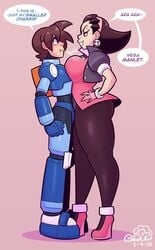 ara_ara big_ass big_breasts breast_press brown_hair capcom clothed_female cobatsart female high_heels legs male mega_man mega_man_legends mega_man_volnutt short_hair shorter_male smaller_male squished_breasts stockings straight thick_thighs tron_bonne