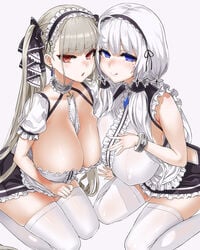 2girls asanagi azur_lane blue_eyes blush formidable_(azur_lane) grey_hair hair_clips hair_ribbon huge_breasts illustrious_(azur_lane) kneeling licking_lips looking_at_viewer multiple_girls nipple_bulge red_eyes thick_thighs thighhighs white_hair