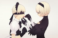 1boy 1girls applying_lipstick blindfold crossdressing female feminization maid_uniform nier:_automata white_hair wholesome yorha_2b yorha_9s