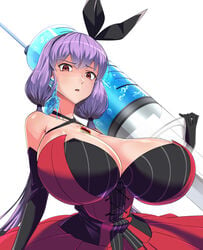 2020 big_breasts blackgoleinu brain's_base dress female female_only giant_needle kyokou_suiri long_hair looking_at_viewer nanase_karin needle nipples purple_hair red_eyes ribbon shounen_magazine_r solo solo_female solo_focus syringe twintails