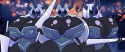 3_horns 3girls armor black_skin detailed_background empty_eyes hey!_minty holding_weapon hollow_knight huge_breasts looking_at_viewer mint_ivory oddly_bally rule_63 shiny_breasts tagme watcher_knight white_hair