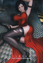 1girls ada_wong ada_wong_(adriana) armpits ass big_breasts black_hair brown_eyes capcom dress female female_only firearm gun handgun high_heels looking_at_viewer mature_female patreon resident_evil resident_evil_2 short_hair solo solo_female solo_focus source_request stockings syleeart text torn_pantyhose url watermark weapon