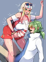 1boy 1futa 2010s alternate_breast_size bangs big_breasts big_penis blonde_hair blue_hair blunt_bangs blush bracelet breasts censored clothed_male clothes clothing cum cumshot dickgirl dickgirl/male duo earrings futa_focus futa_with_male futanari glasses green_eyes green_hair heart-shaped_earrings heavy_breathing huge_breasts huge_penis human intersex large_breasts light-skinned_futanari light_skin lisa_(minna_no_monogatari) male multicolored_hair nintendo nipples nipples_visible_through_clothing open_mouth orgasm painted_nails penis penis_grab penis_out pink_hair pokemon pokemon_sm red_fingernails red_nail_polish red_nails risa_(pokemon) scrunchie source_request sunglasses sunglasses_on_head torito_(pokemon) trembling veins veiny_penis wrist_scrunchie