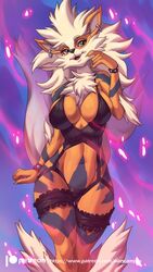 1girls 2020 abs alanscampos anthro anthrofied arcanine ass belly black_fur bra bracelet breasts canine claws cleavage earrings eye_contact eyelashes female furry grey_eyes half-closed_eyes lingerie long_nails looking_at_viewer midriff navel nintendo orange_fur original_character panties patreon patreon_username piercings pokemon pokemon_(species) pokemon_rgby pose purple_background sideboob smile solo spikes strap stripes tail text thick_thighs thigh_gap url watermark white_fur wide_hips